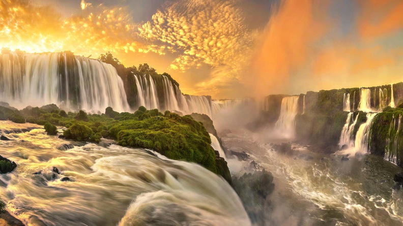 Bunch of waterfalls at sunset